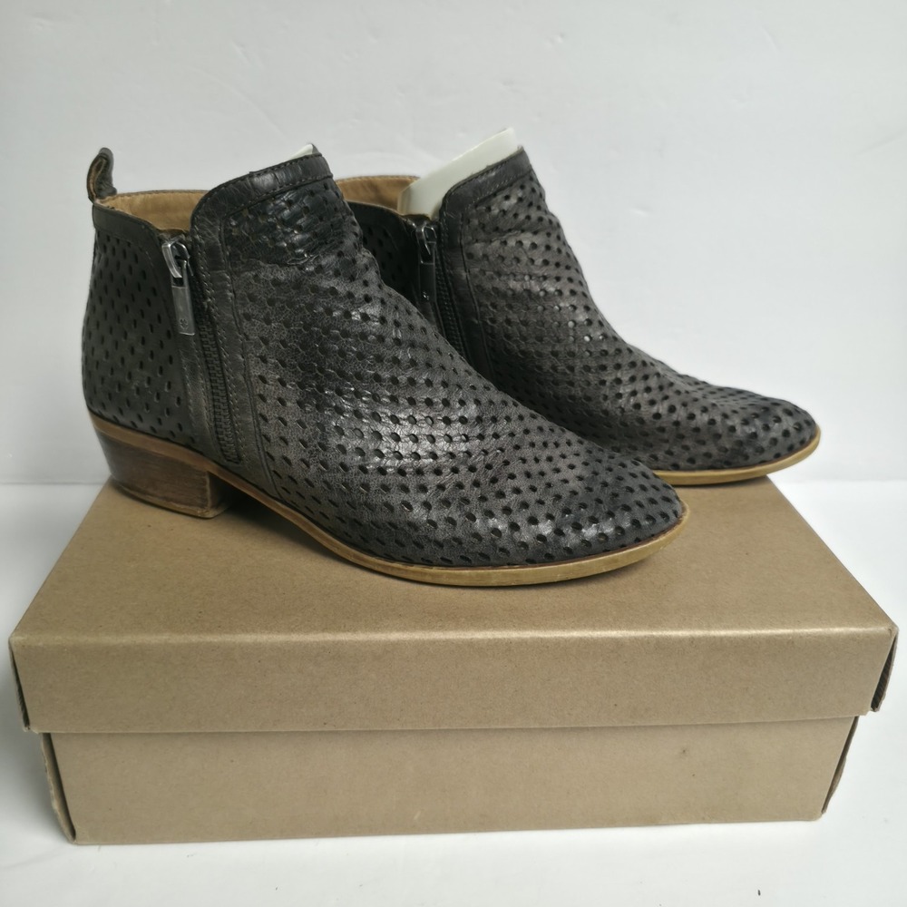 Lucky Brand Basel  Perforated Leather Ankle Booties Grey Low Heel Zipper Sz 8